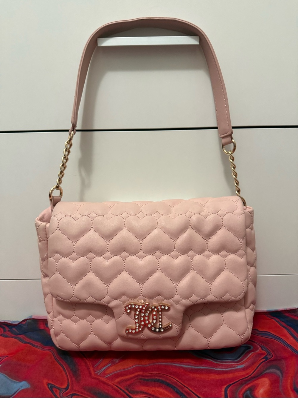 Juicy Couture Baby Pink Heart Quilted Flap Crossbody Bag Rhinestone Logo